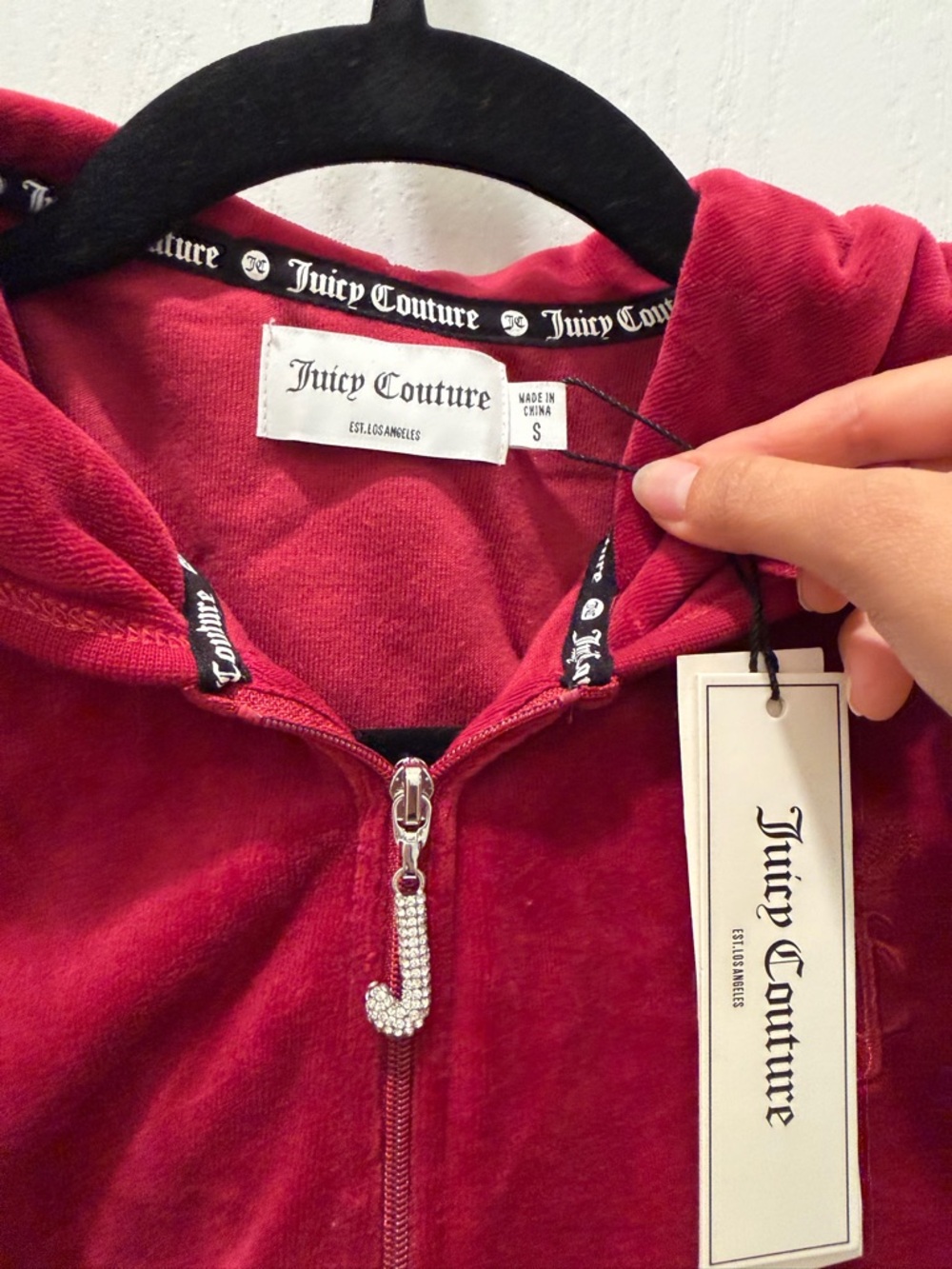 Juicy Couture Y2K Crimson Velour Zip-Up Hoodie with Rhinestone J Pull